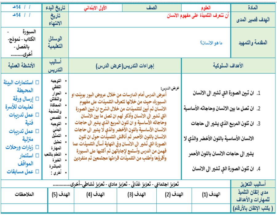 تحضير لمادة العلوم الصف الاول الابتدائي تربية فكرية فصل دراسي اول