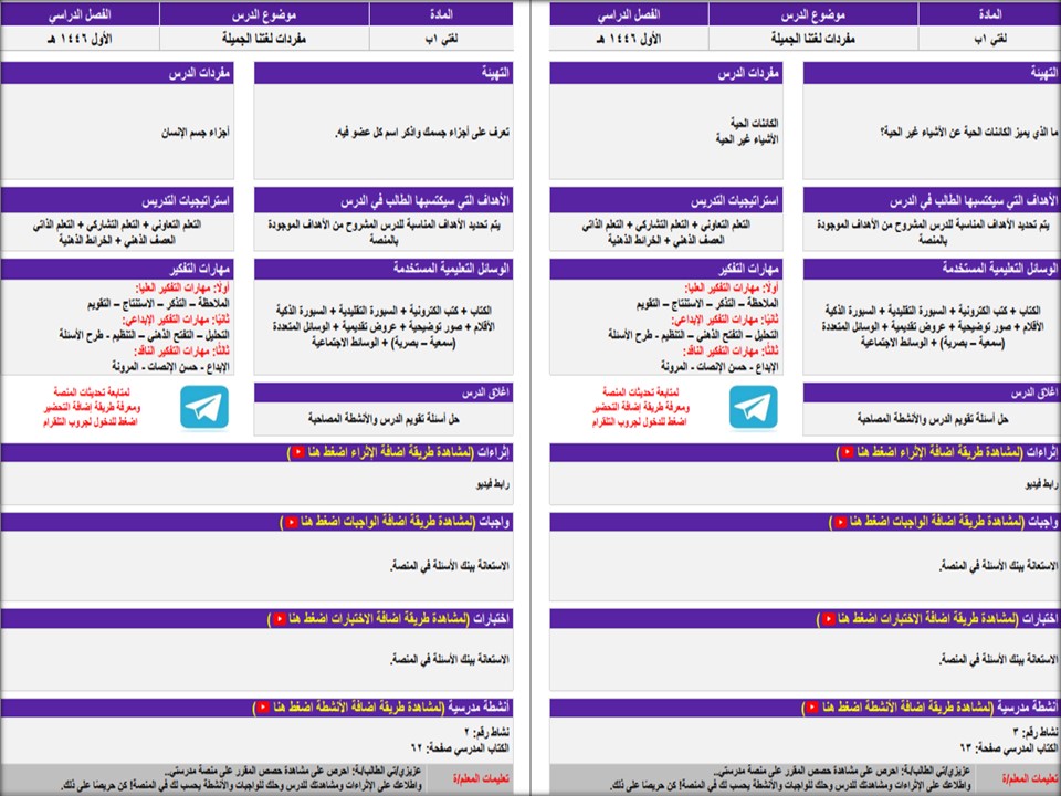تحضير لمادة لغتي الصف الاول الابتدائي تربية فكرية فصل دراسي اول