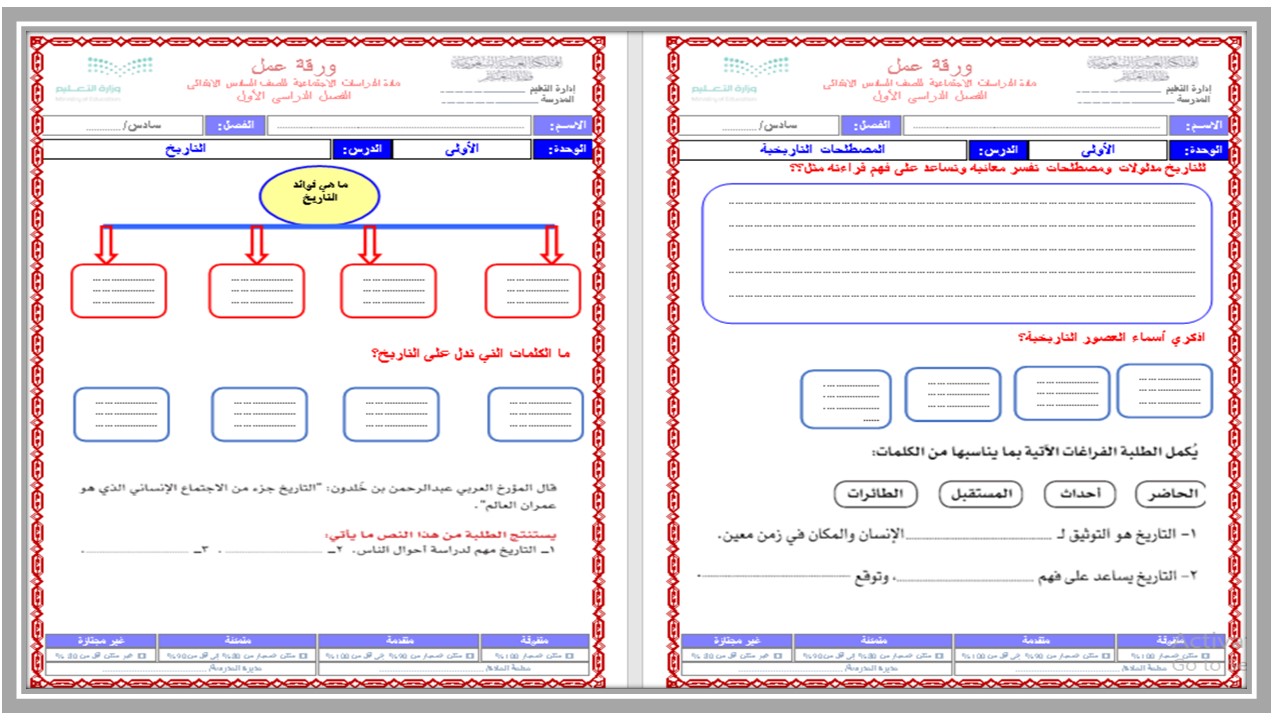 ورق عمل مادة اجتماعيات للصف السادس الابتدائي الفصل الدراسي الأول