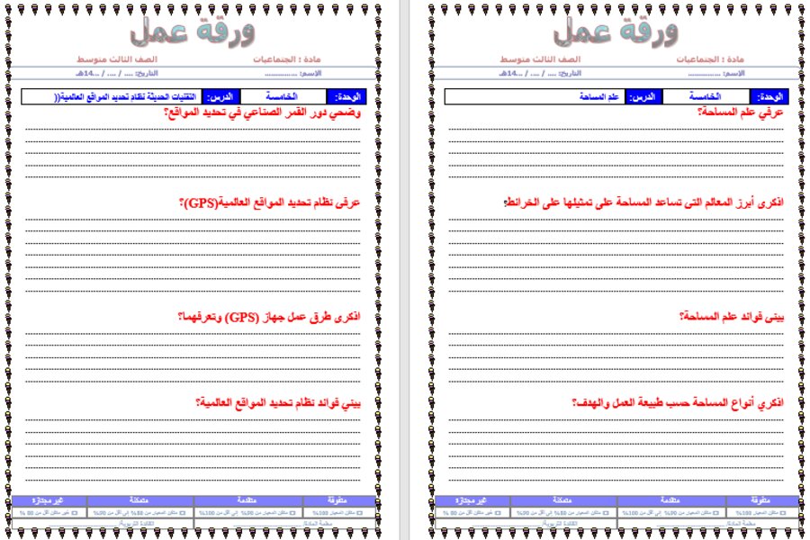 أوراق عمل مادة الدراسات الاجتماعية الصف الثالث المتوسط الفصل الثالث