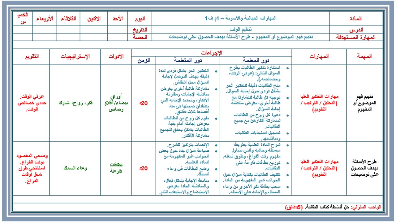 اوراق عمل درس تنظيم الوقت مادة التربية الأسرية الأول المتوسط