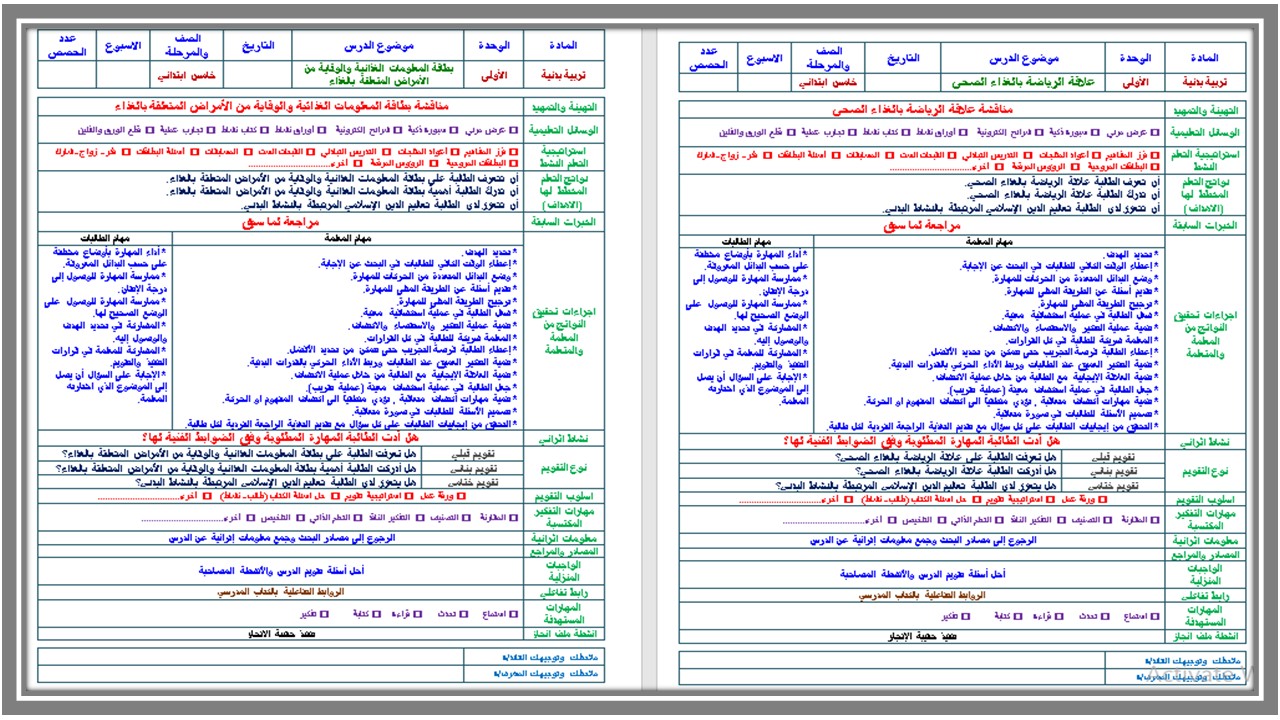 تحضير بدنية صف خامس ابتدائي الفصل الدراسي الثالث 