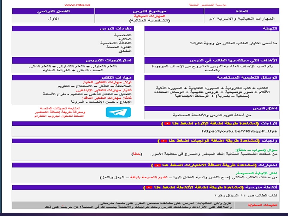 تحضير درس الشخصية المثالية التربية الأسرية ثاني متوسط