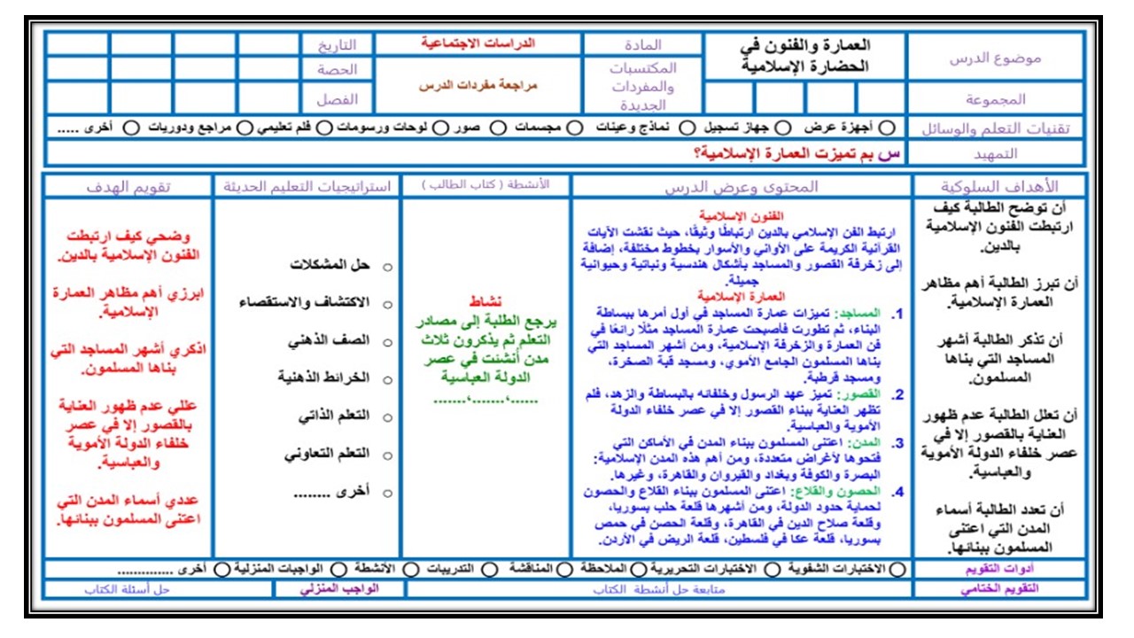 تحضير درس العمارة والفنون في الحضارة الإسلامية الأجتماعيات الأول المتوسط