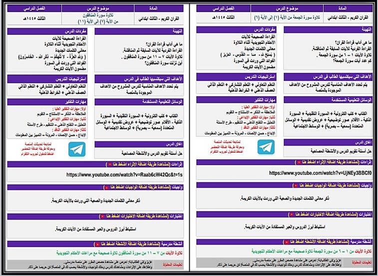 تحضير قرأن ثالث ابتدائي الفصل الثالث