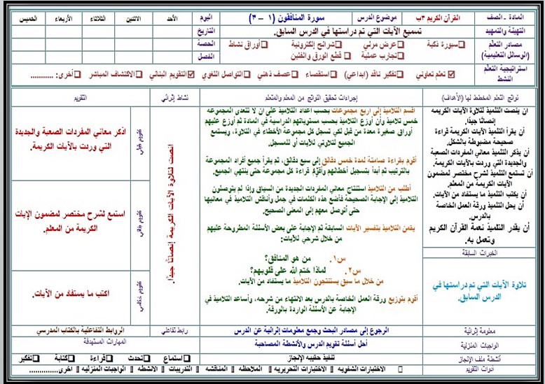 تحضير قرأن ثالث ابتدائي الفصل الثالث