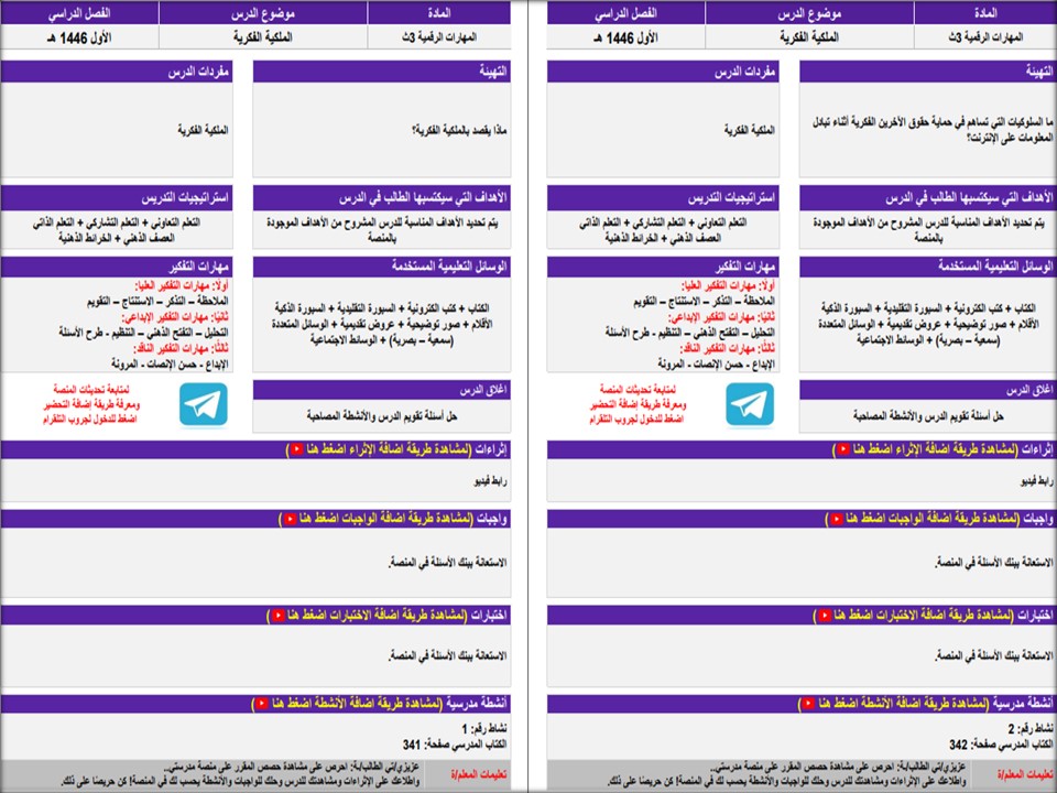 تحضير لمادة المهارات الرقمية للصف الثالث ثانوي تربية فكرية الفصل الأول