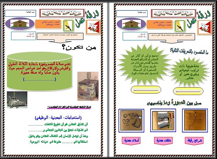 تحضير مادة التربية الفنية للصف الخامس الابتدائي الفصل الدراسي الثالث