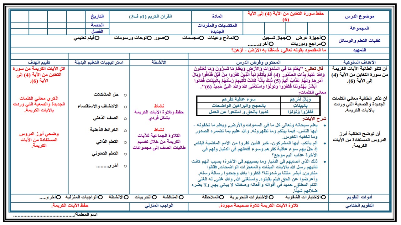 تحضير مادة القرآن الكريم الصف الأول المتوسط الفصل الثالث