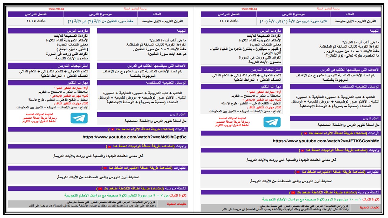 تحضير مادة القرآن الكريم الصف الأول المتوسط الفصل الثالث