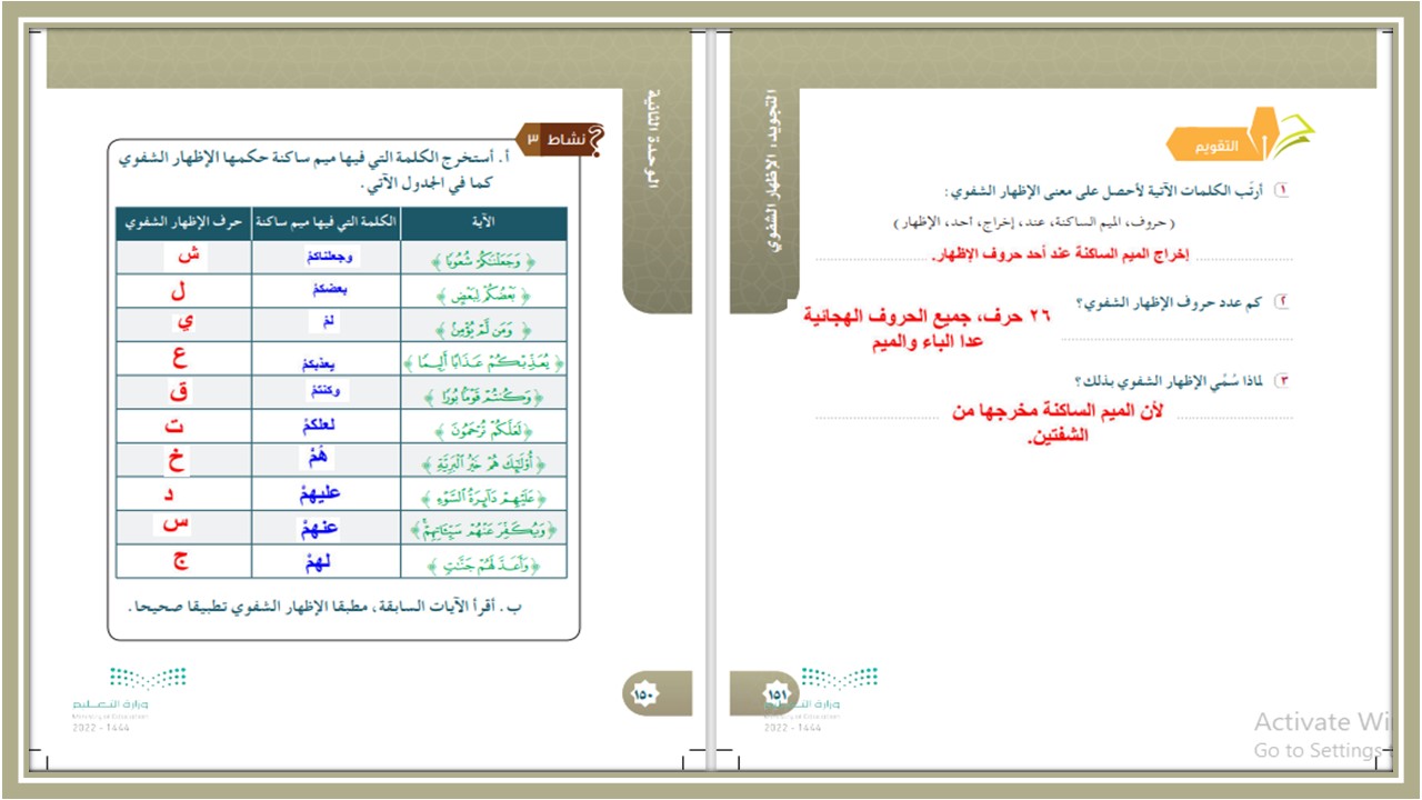 تحضير مادة القرآن الكريم وتجويده للصف الخامس الابتدائي الفصل الدراسي الثالث