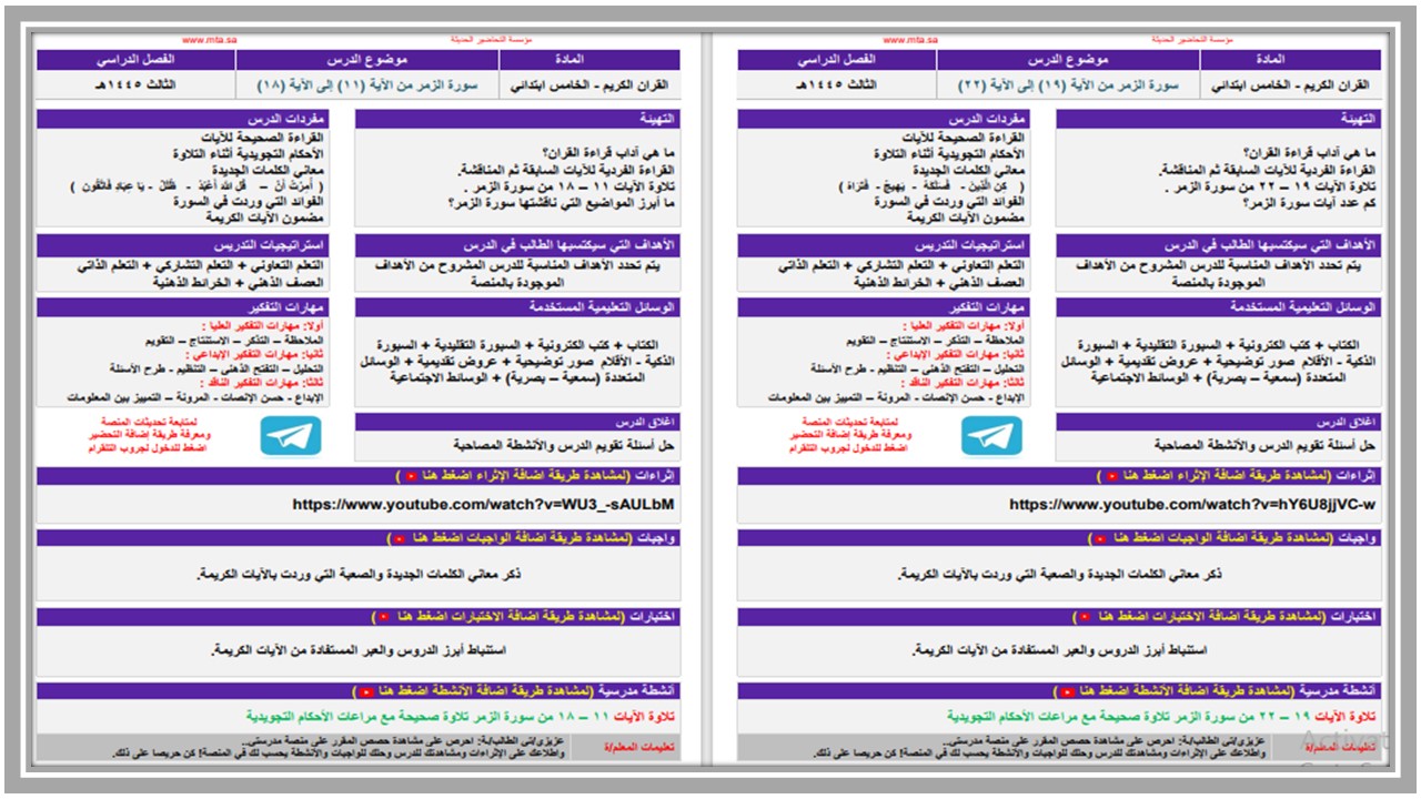 حل أسئلة قرآن كريم وتجويده خامس ابتدائي الفصل الدراسي الثالث