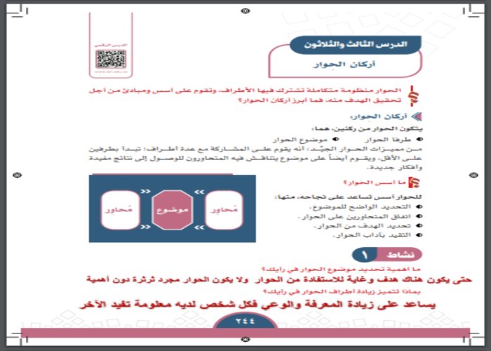 حل أسئله درس أركان الحوار مادة الاجتماعيات الأول المتوسط