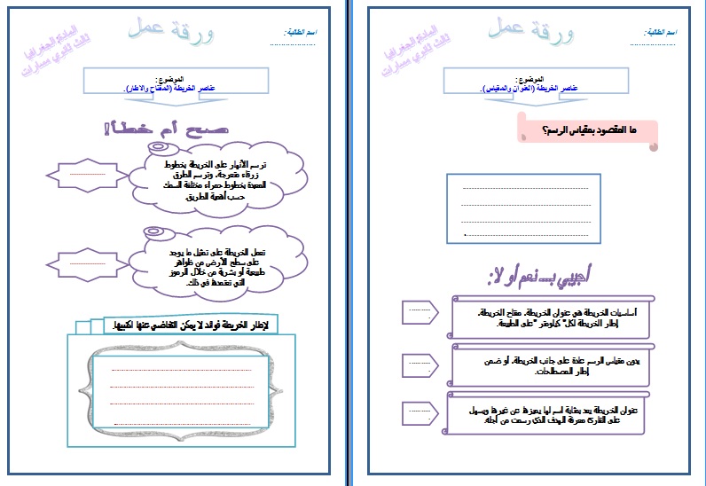 نموذج ورق عمل درس عناصر الخريطة جغرافيا مسارات