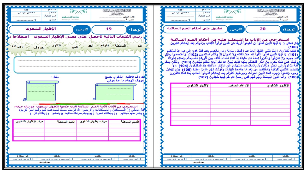 ورق عمل مادة القرآن الكريم وتجويده للصف الخامس الابتدائي الفصل الدراسي الثالث