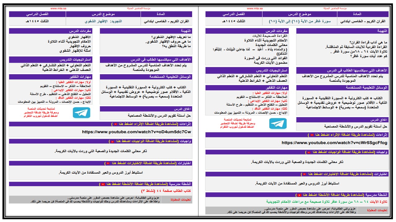 ورق عمل مادة القرآن الكريم وتجويده للصف الخامس الابتدائي الفصل الدراسي الثالث