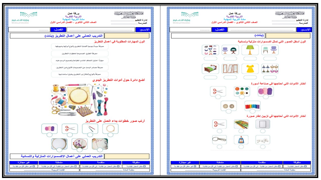 أوراق عمل مادة التربية المهنيه الصف الثاني الثانوي التربية الفكرية الفصل الثالث