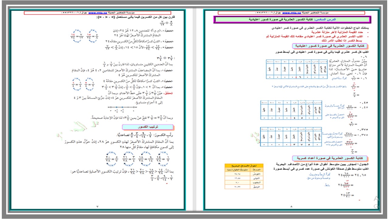 تحضير الرياضيات للصف السادس ابتدائي الفصل الدراسي الثاني