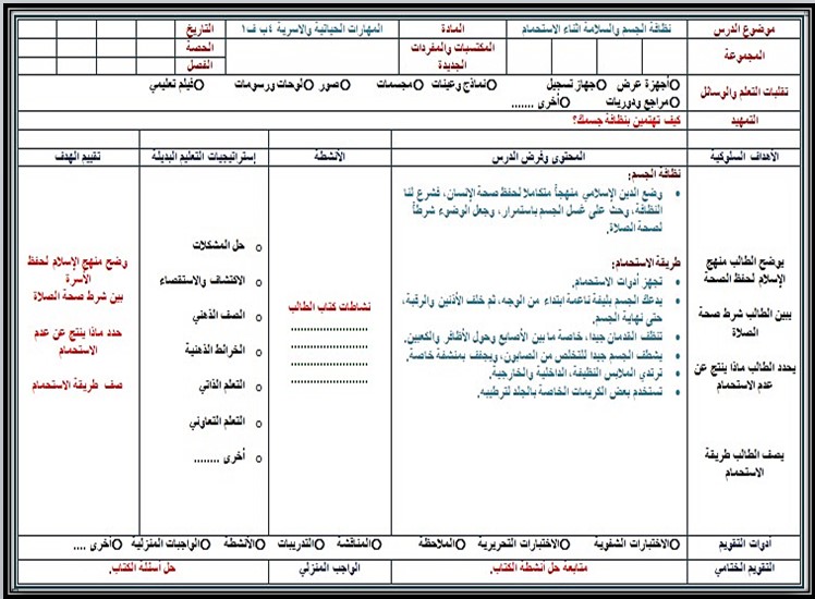 تحضير مادة التربية الاسرية الصف الرابع الإبتدائى الفصل الدراسى الأول