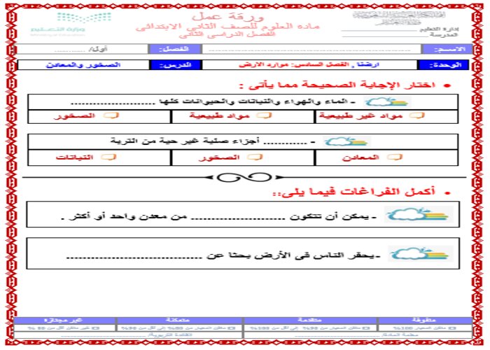 تحضير درس الصخور والمعادن لمادة العلوم الصف الثاني الابتدائي