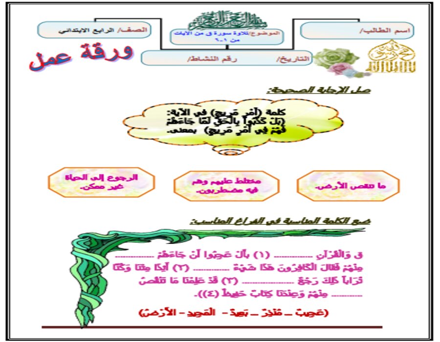 تحضير قرأن رابع ابتدائي الفصل الثاني  