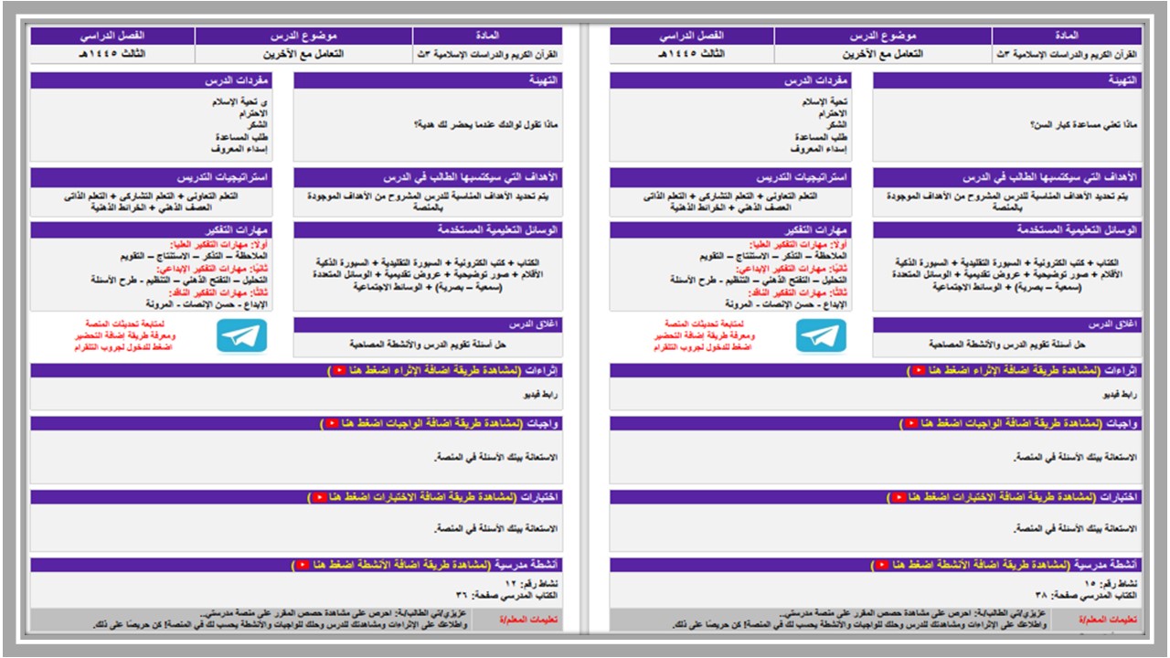 تحضير مادة التربية الإسلامية الصف الثالث الثانوي التربية الفكرية الفصل الدراسي الثالث 