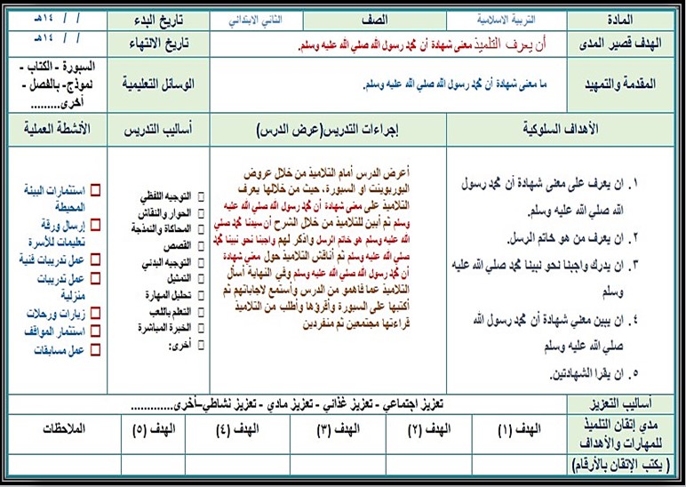 تحضير مادة التربية الإسلامية الصف الثاني الابتدائي التربية الفكرية الفصل الدراسي الثالث