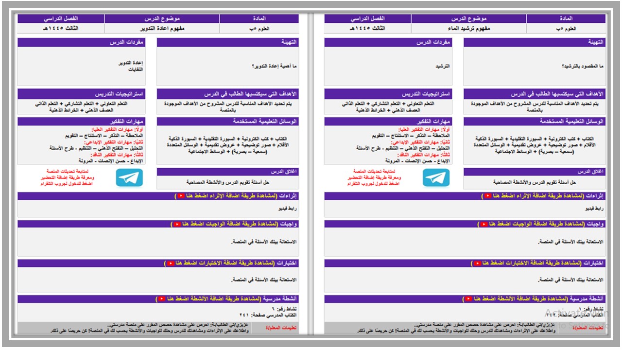 تحضير مادة العلوم الخامس الابتدائي التربية الفكرية فصل دراسي الثالث  