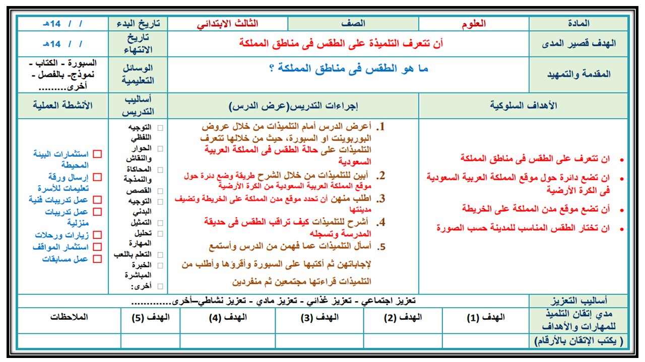 تحضير مادة العلوم الصف الثالث الابتدائي التربية الفكرية فصل دراسي الثالث