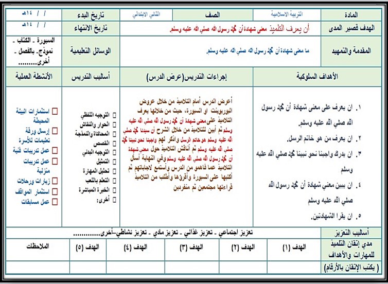تحضير مادة تربية إسلامية صف ثالث ابتدائي تربية فكرية الفصل الدراسي الثالث