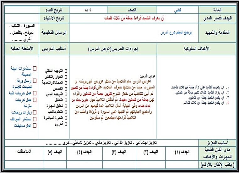تحضير مادة لغتي صف رابع ابتدائي تربية فكرية فصل دراسي الثالث