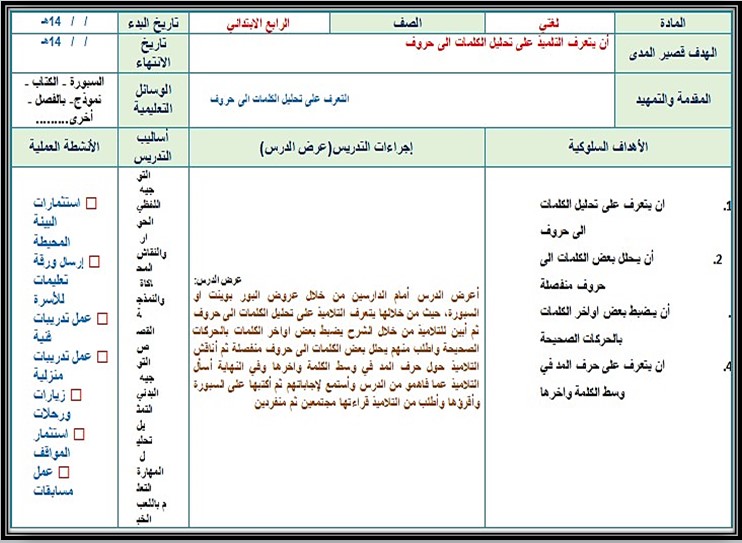 تحضير مادة لغتي صف رابع ابتدائي تربية فكرية فصل دراسي ثاني