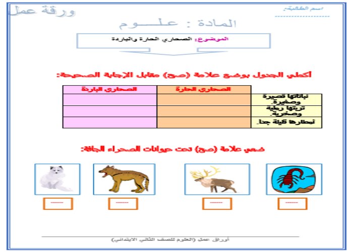 حل أسئلة درس الصحاري الحارة والباردة لمادة العلوم الصف الثاني الابتدائي 