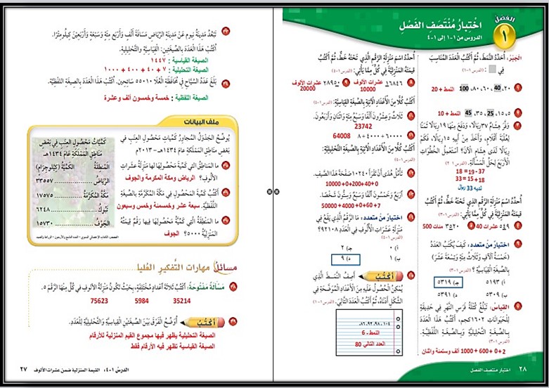 مهارات مادة الرياضيات للصف الثالث الإبتدائي الفصل الدراسي الأول