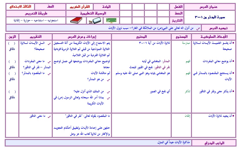 نموذج تحضير قرأن ثالث ابتدائي الفصل الاول