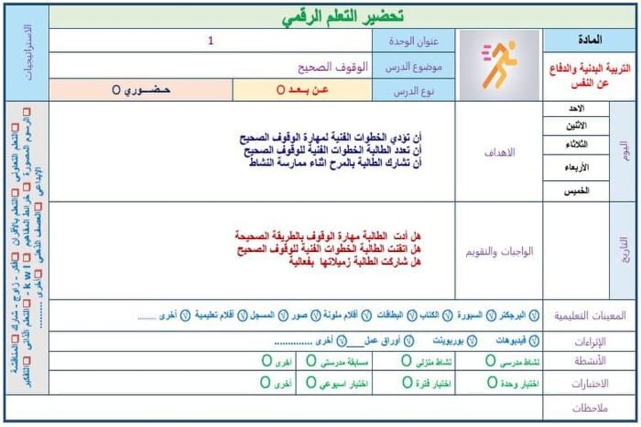 تحضير التربية البدنية والدفاع عن النفس الصف الاول الابتدائي الفصل الدراسي الاول