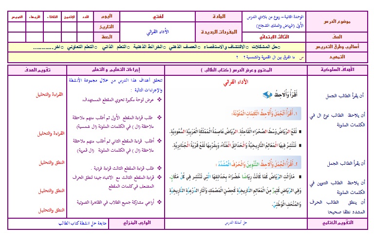 تحضير درس الرياض والملك الشجاع لغتي ثالث ابتدائي