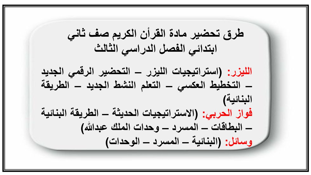 تحضير مادة القرأن الكريم صف ثاني ابتدائي الفصل الدراسي الثالث