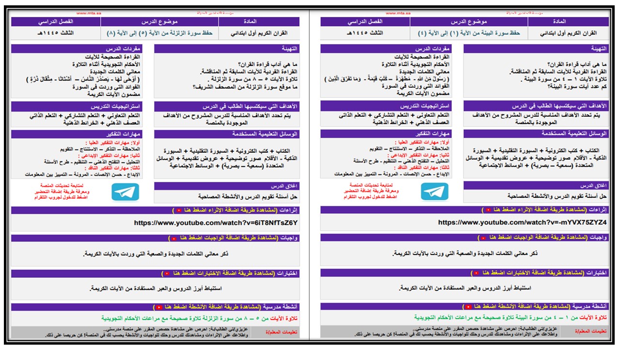 ورق عمل مادة القرأن الكريم صف أول ابتدائي الفصل الدراسي الثالث