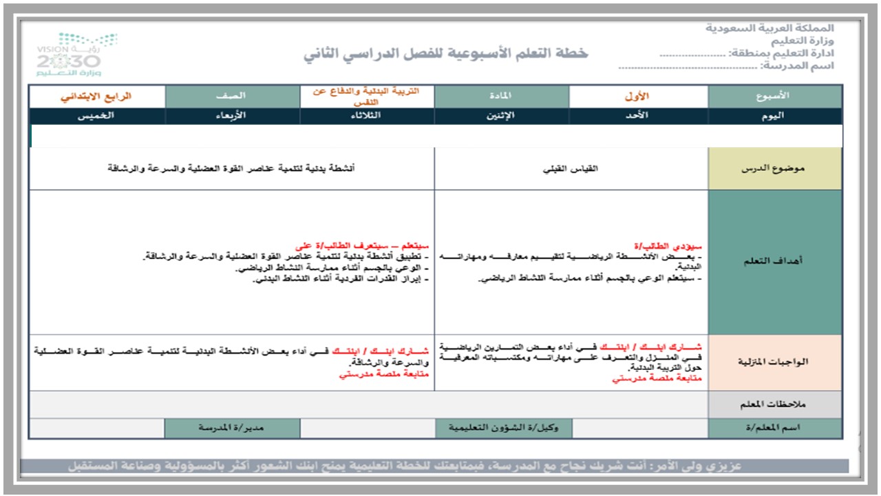 اوراق عمل مادة التربية البدنية والدفاع عن النفس الصف الرابع ابتدائي الفصل الدراسي الثاني
