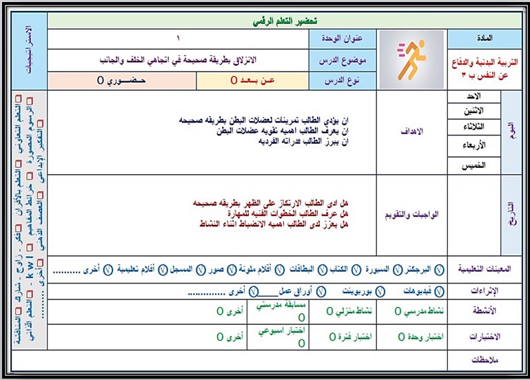 تحاضير التربية البدنية والدفاع عن النفس الصف الثالث الابتدائي الفصل الدراسي الاول