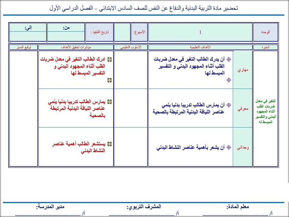 تحاضير التربية البدنية والدفاع عن النفس الصف السادس الابتدائي الفصل الدراسي الاول