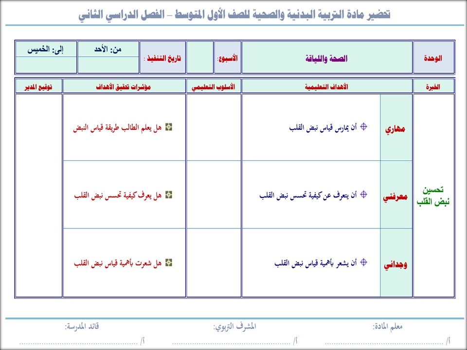 تحاضير مادة التربية البدنية والدفاع عن النفس صف اول متوسط الفصل الدراسي الثاني