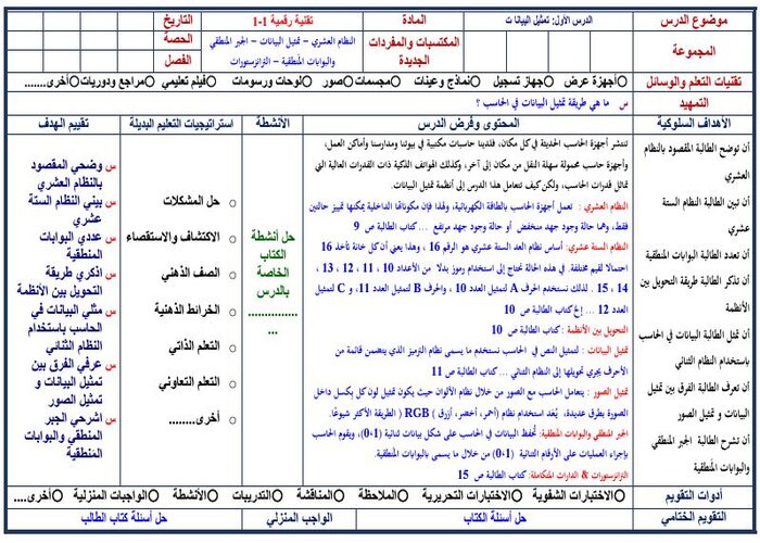 تحضير مادة التقنية الرقمية أول ثانوي مسارات
