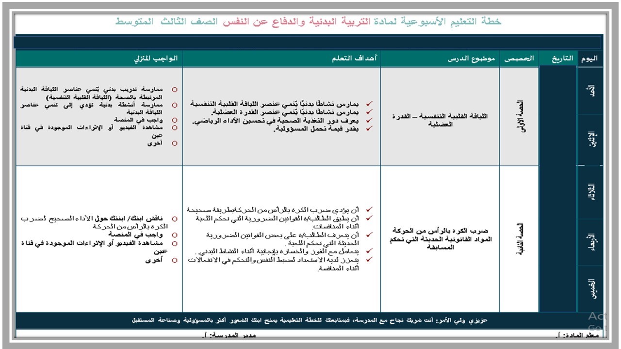 تحضير مادة تربية بدنية والدفاع عن النفس للصف الثالث متوسط الفصل الدراسي الاول تحضير مادة تربية بدنية والدفاع عن النفس للصف الثالث متوسط الفصل الدراسي الاول