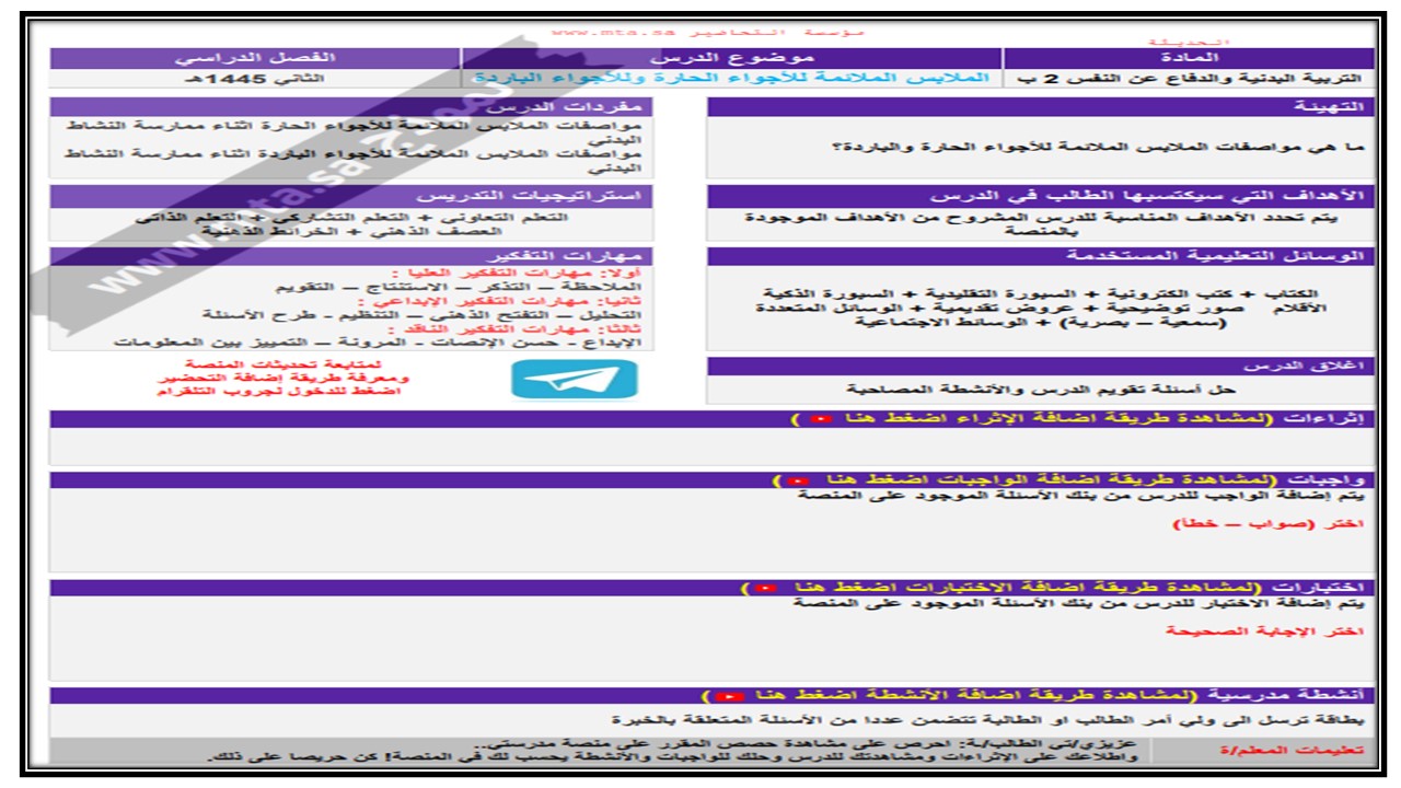 مرفقات التربية البدنية والدفاع عن النفس الصف الثاني ابتدائي الفصل الدراسي الثاني