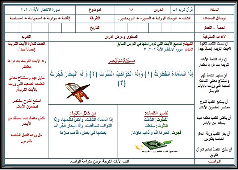 اوراق عمل مادة القرآن الكريم الصف الثاني الابتدائي فصل دراسي ثالث