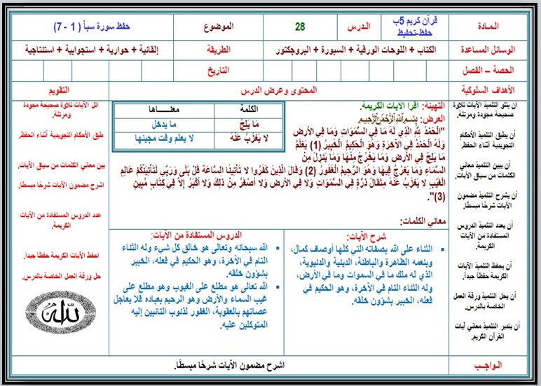 تحضير القرآن الكريم تحفيظ الصف الخامس الابتدائي الفصل الثانى