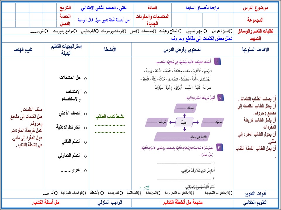 تحضير مادة لغتي الصف الثاني الابتدائي فصل دراسي ثاني
