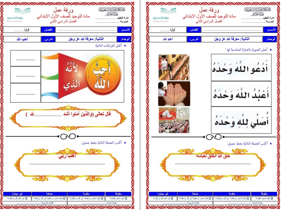 ملخص لمادة الدراسات الاسلامية الصف الاول الابتدائي فصل دراسي ثاني